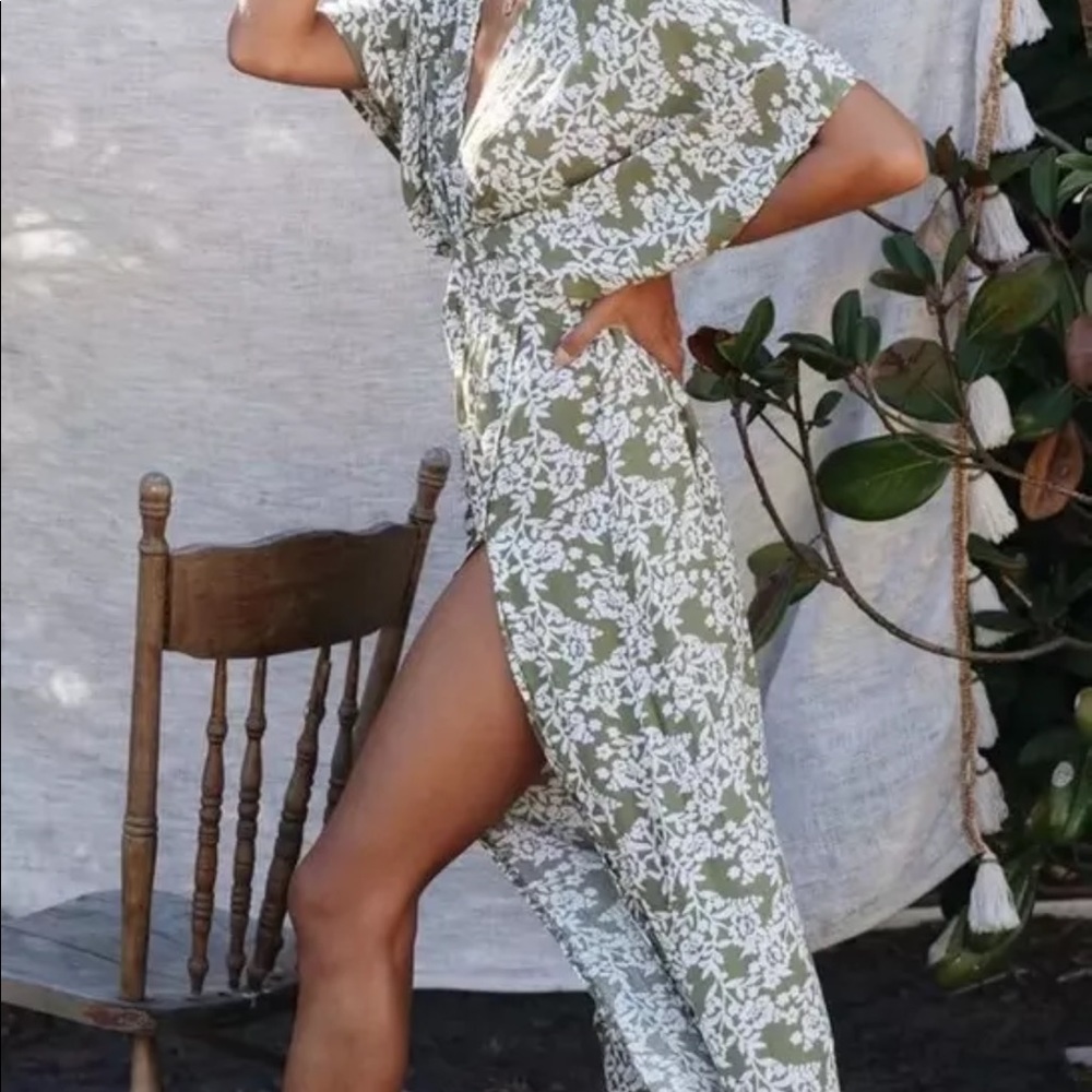 Green Leaf Floral Boho Gypsy Print Maxi Dress - Picture 3 of 9